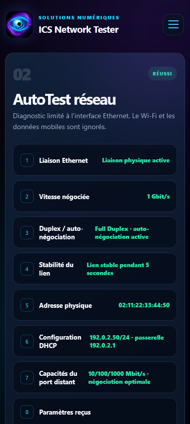 Résultats du diagnostic Ethernet AutoTest
