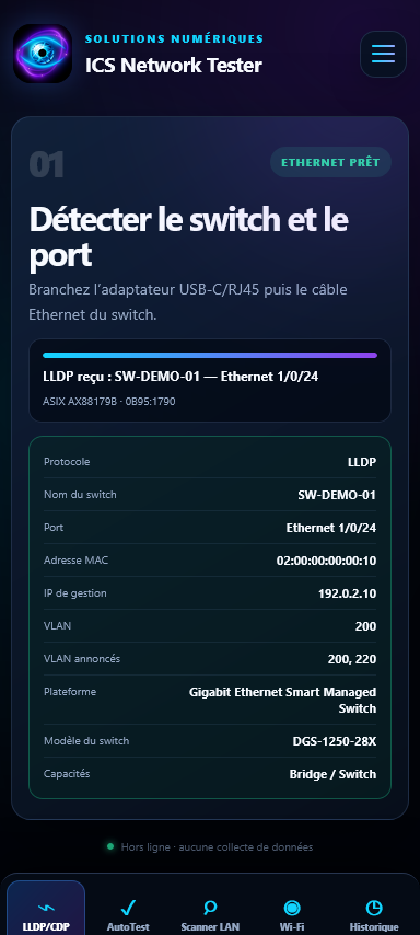 Résultat LLDP/CDP avec switch, port, MAC, IP et VLAN