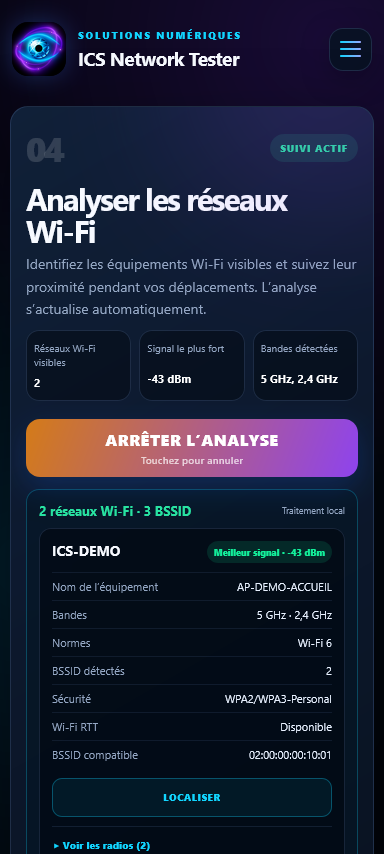 Résultats de l’analyse Wi-Fi avec SSID et BSSID